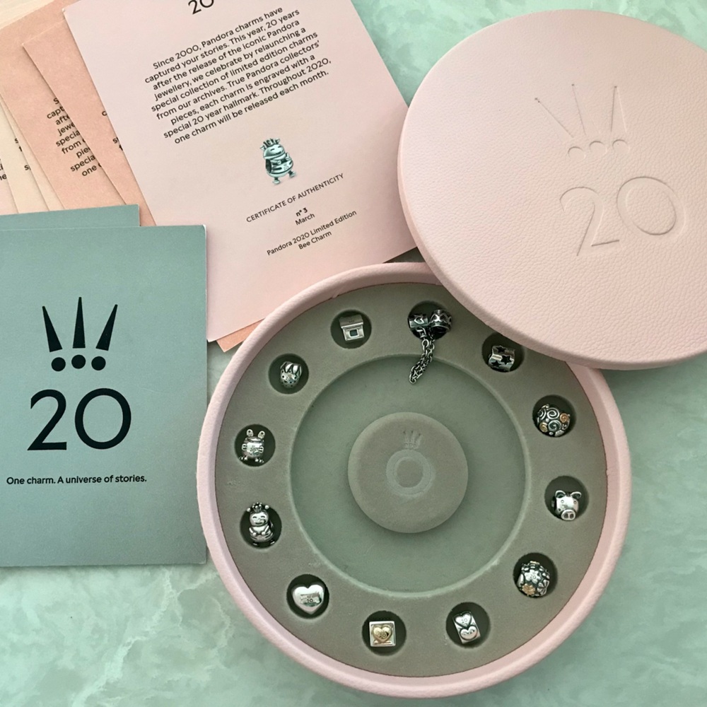Pandora 20th Anniversary Charm Box with 12 Silver Charms